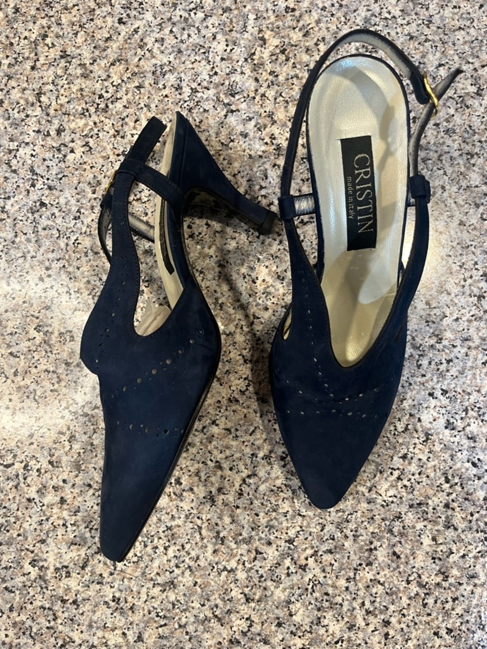 Blue suede pointy toe sling backs